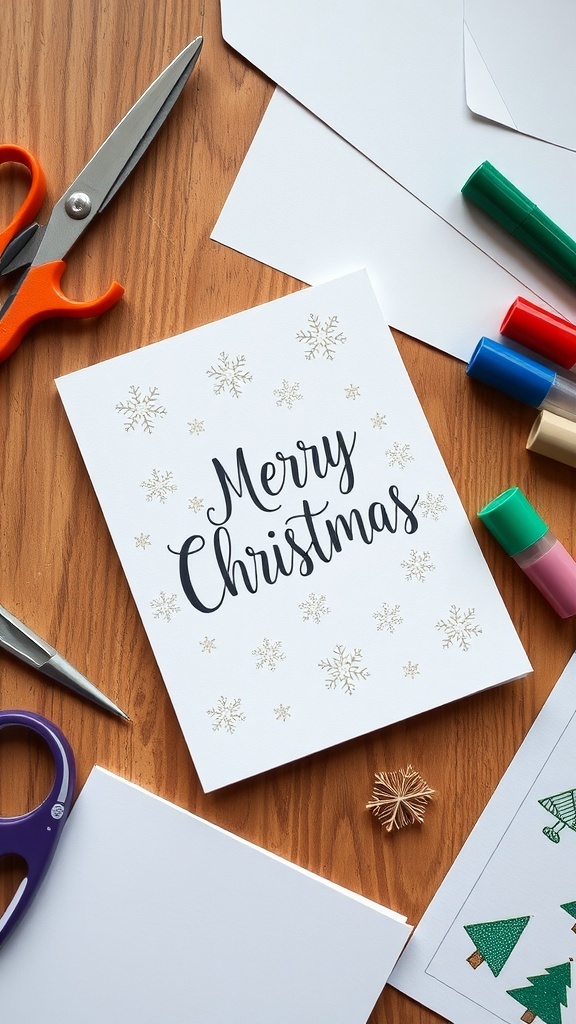 A handmade Christmas card with snowflakes and a festive message on a wooden table with crafting supplies.